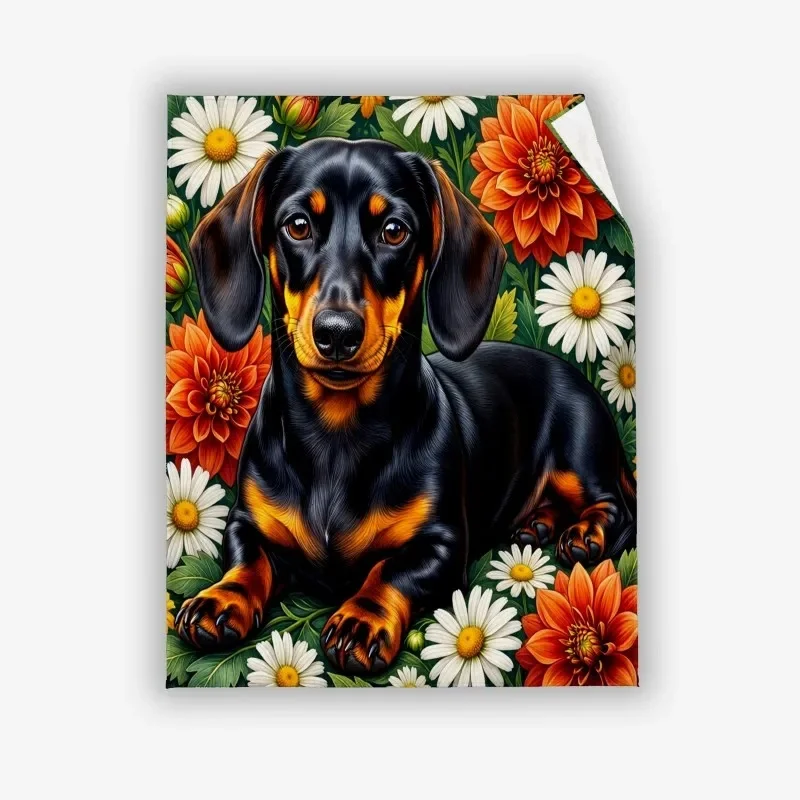 Dachshund Daisy Dahlia Floral Print Flannel Blanket, Soft Microfiber Throw Blanket for Sofa Bedroom, Home Decor Gift