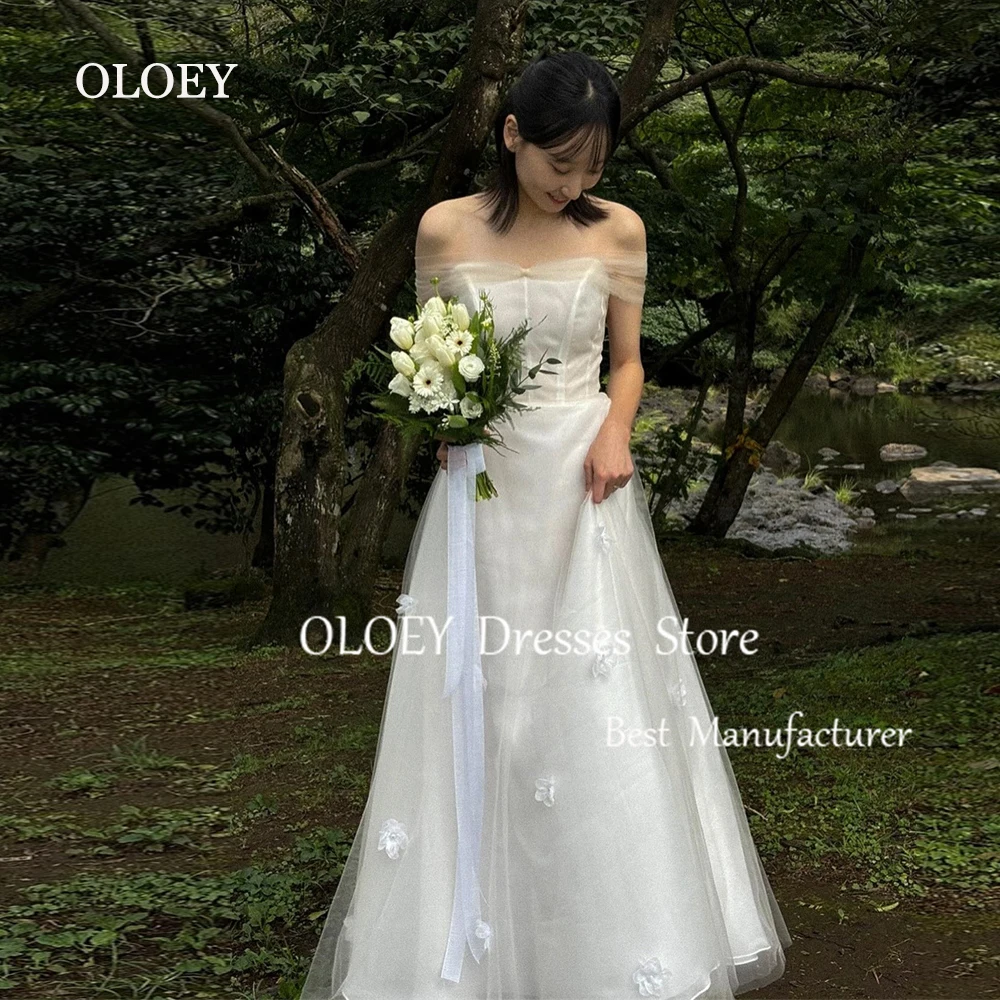 OLOEY 2025 New Ivory Wedding Dress Korea Photoshoot Off Shoulder Tulle Bridal Gown 3d Flowers Custom Made Plus Size Floor Length