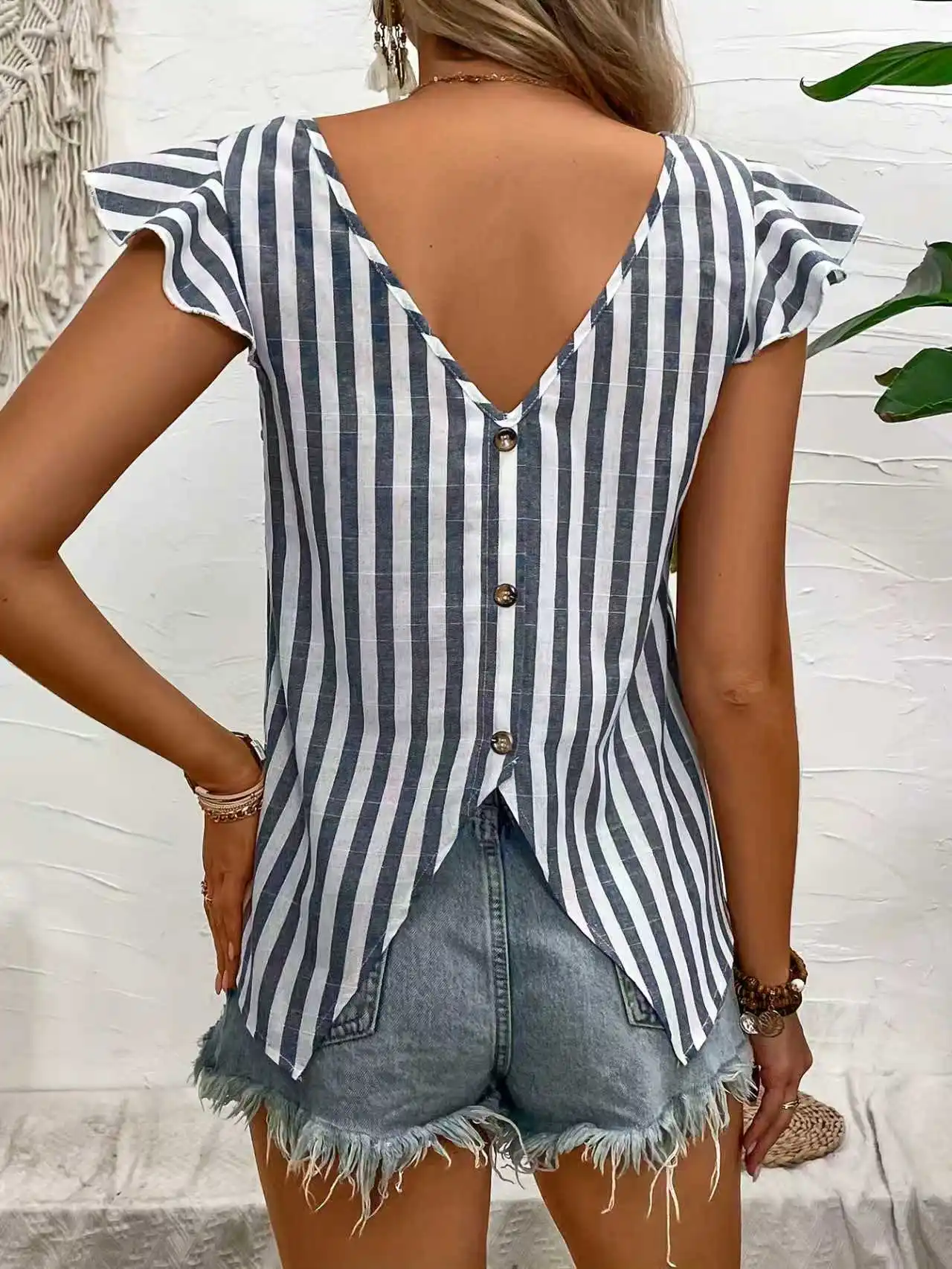 

Women's Striped Ruffle-Sleeve Blouse | Back Button Detail Casual Top | Breathable Summer Shirt