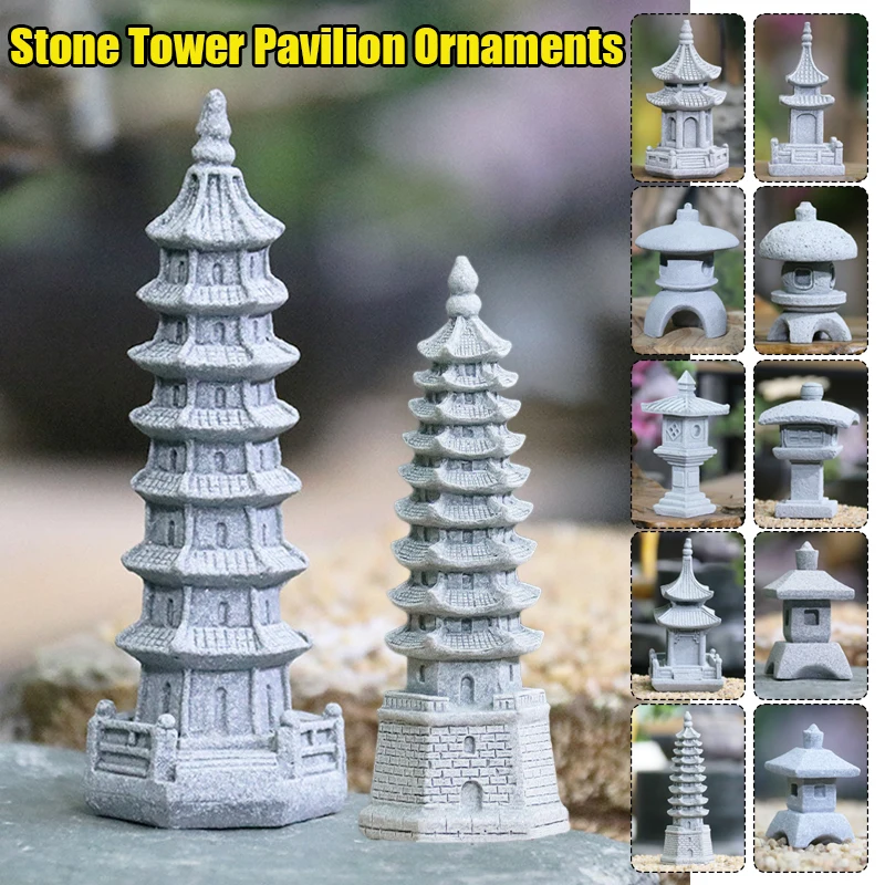 

Retro Gazebo Chinese Tower Lanterns Mini Pagoda Model Chinese Zen Mini Fengshui Miniature Statue Sandstone Home Garden Decor