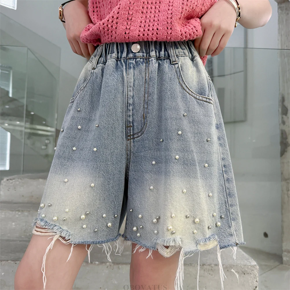 High Quality Children Fashion Street Style Ripped Denim Shorts with Pearls For Kids Girls Casual Summer Mini Shorts Age 5-14Y