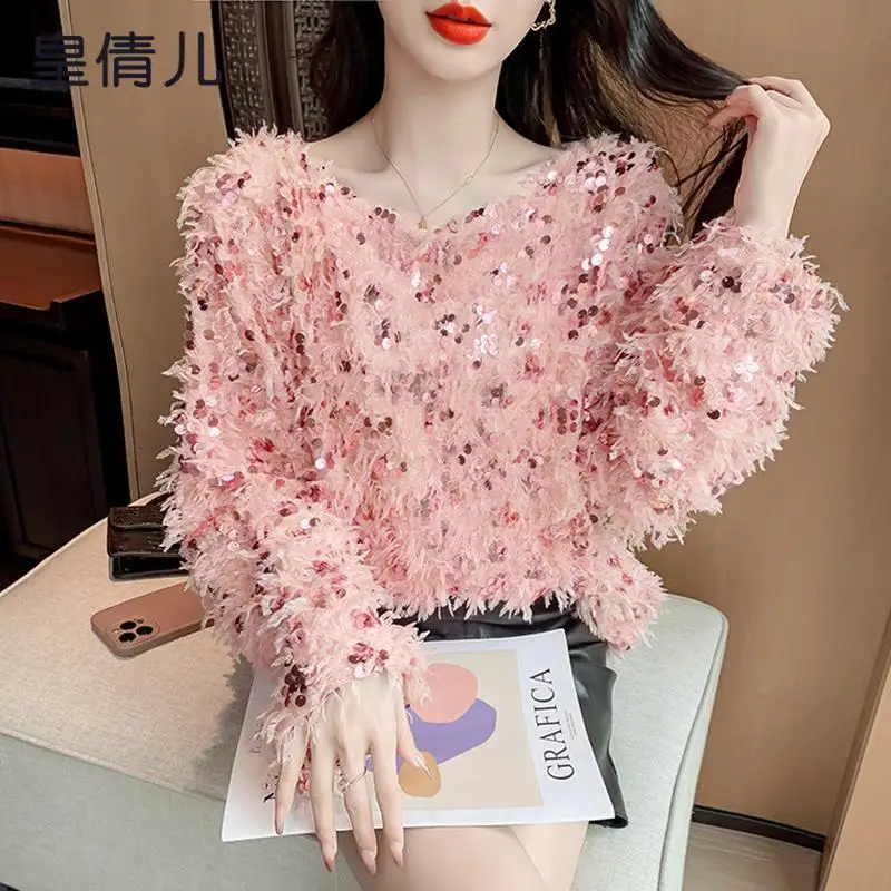 

Faionable Tassel Trim Sweater Women's Autumn Winter Loose Fit Glittering Knitted Top Commute Sle Single Piece New Design