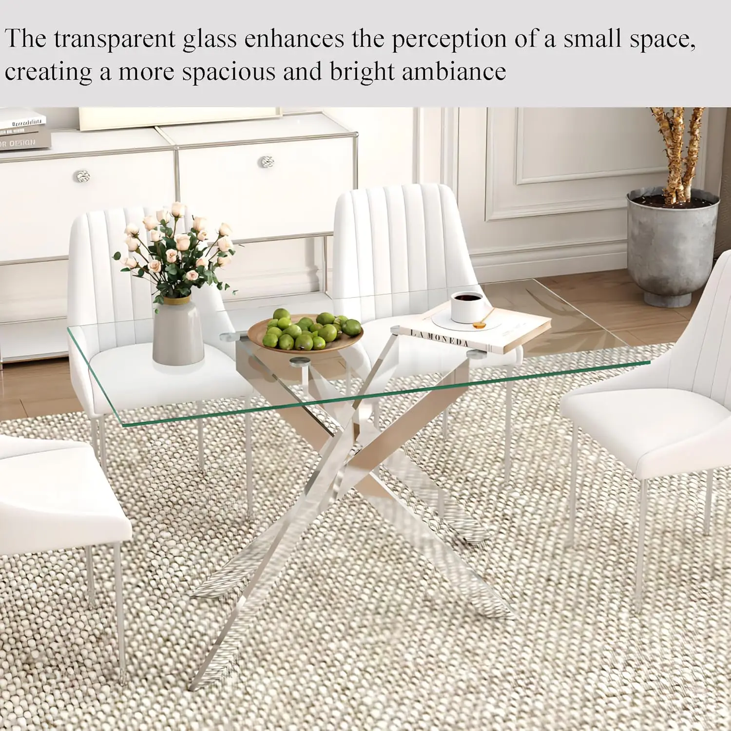 51.18' Rectangular Tempered Glass Dining Table with Metal Legs, Silver - Stylish & Sturdy for Home & Outdoor Use