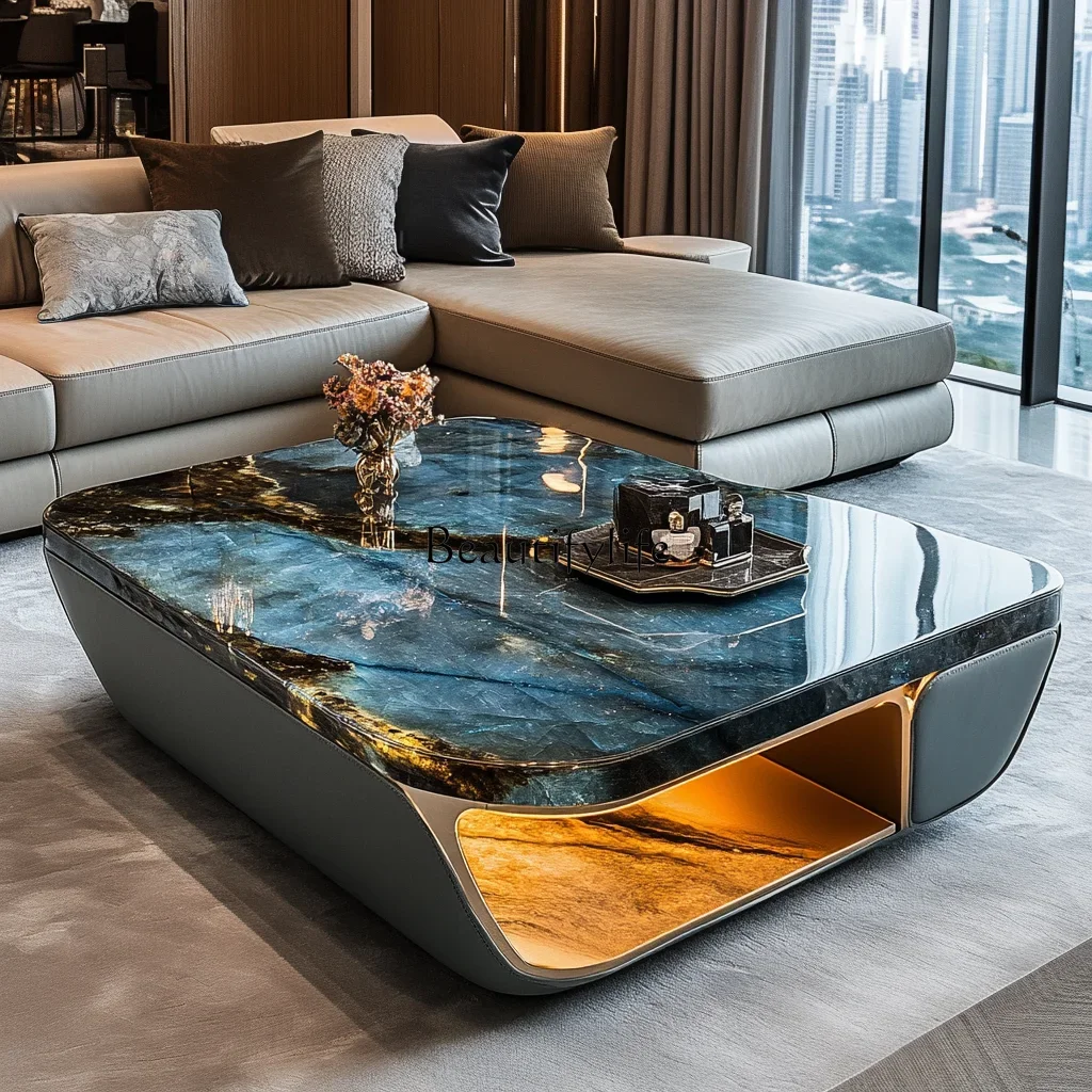

ls 27Luminous blue jadeite luxury stone coffee table elegant modern living room advanced design jade minimalist marble villa hom