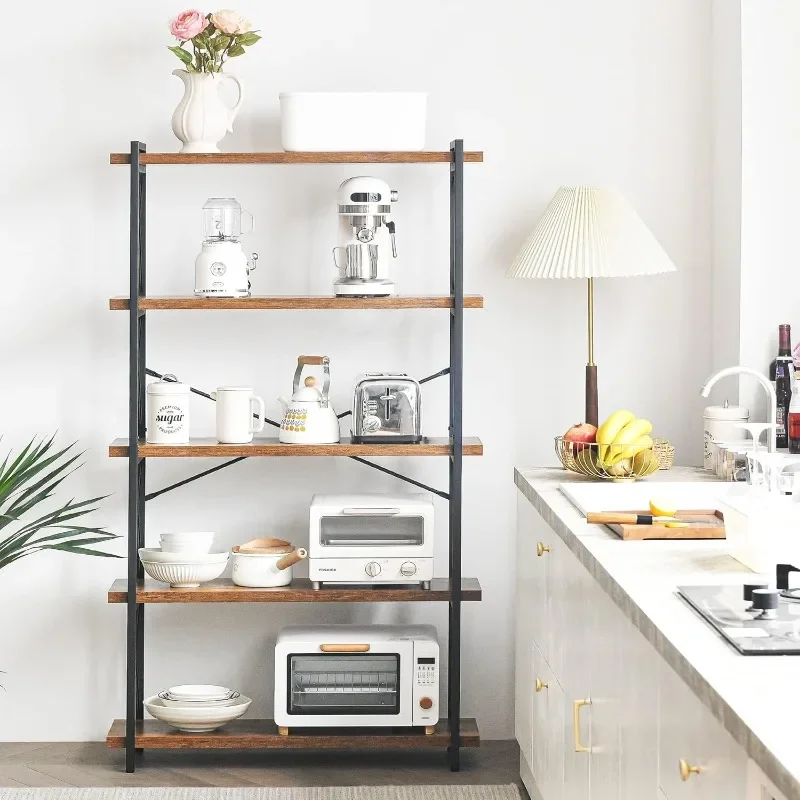 HCHQHS Bookshelf, 5-Tier Industrial Bookcase, Rustic Open Book Shelf, Freestanding Tall Bookshelves with Metal Frame