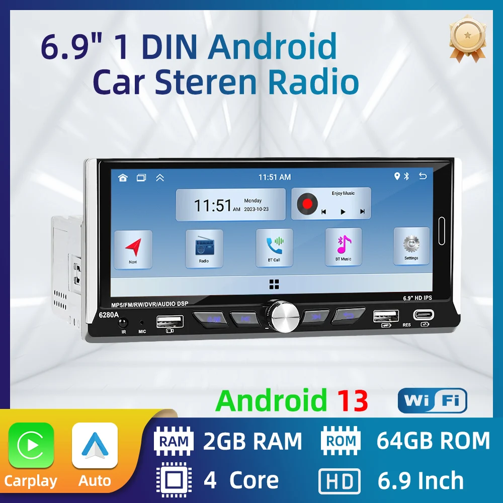 

6.9" Android Car Multimedia Player 1Din Radio Car Stereo Head Unit Wireless Carplay Autoradio GPS Navigation WIFI Android Auto