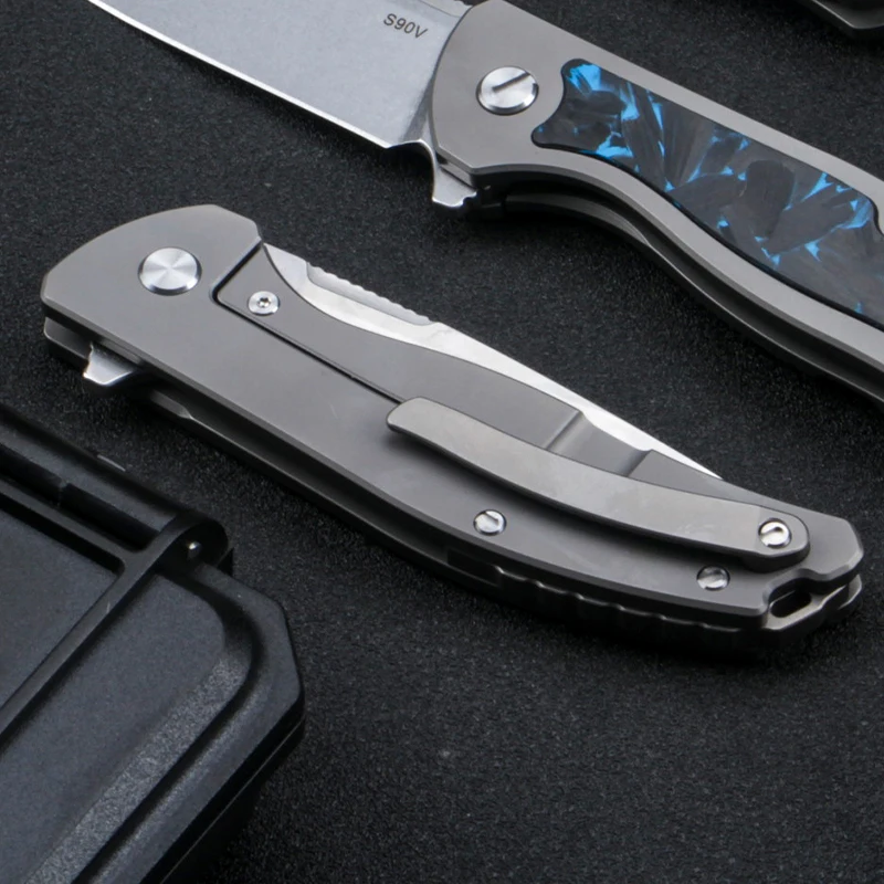S90V stoned blade titanium alloy trapezoidal handle folding outdoor knife suitable for collection and gift gift box packaging