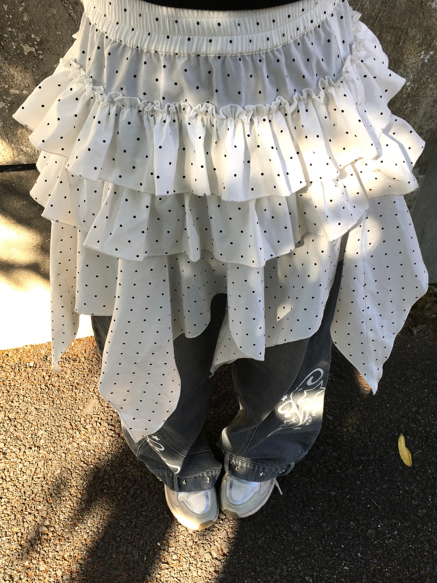 

Юбка StarryKit белая асимметричная в горошек, многослойная, универсальная, средней длины, из смесового полиэстера и хлопка, для повседневной носки