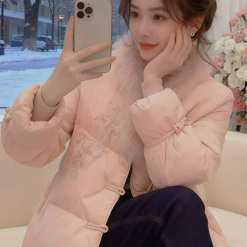 

2026 Autumn Winter Chinese-style Cotton-padded Jacket for Women Solid-color Fur Collar Embroidered Loose Warm Cotton-padded Coat