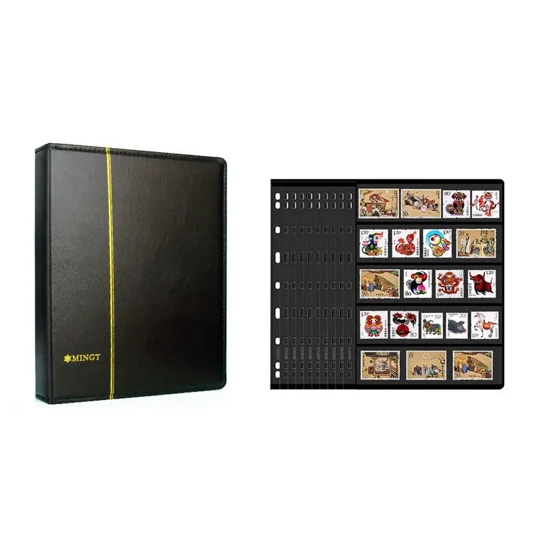 Large Post Stamp Album Leather Collection Book with Black Double Pages Sided a4 Stamps Storage Sheets Binder Organizer Sleeves