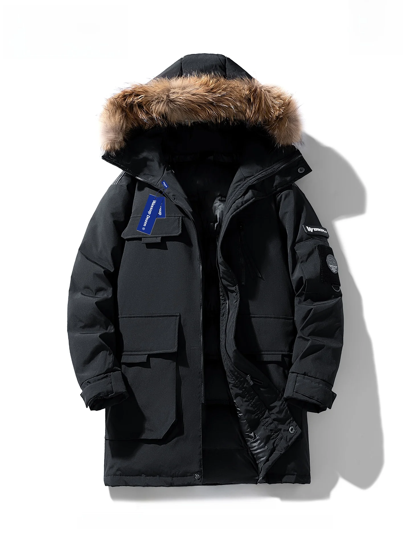 

Wassup Dozen Men's Thiened Mid-Length Hooded down Jaet with Large Fur Collar Winter Warm Workwear Coat Polyester Fiber