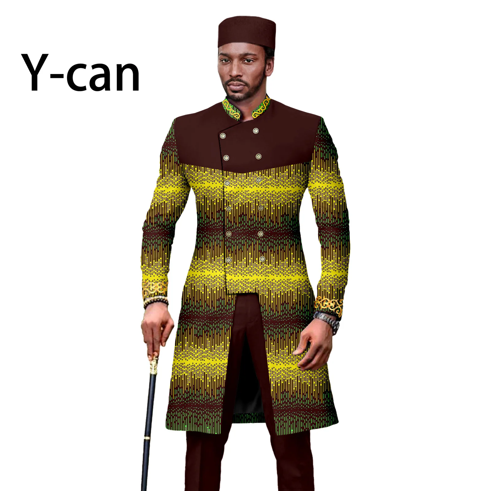 African Men Suit Dashiki Print Tuxedo for Wedding 3 PCS Set Slim Fit Embroidery Jacket and Pants Match Muslim Caps A2316062