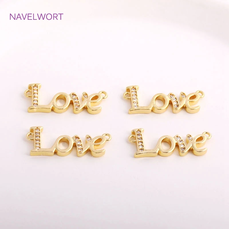 Colgante de amor de moda para la fabricación de joyas, conectores de letras de circón con incrustaciones de oro de 14K, piezas de fabricación de collares DIY