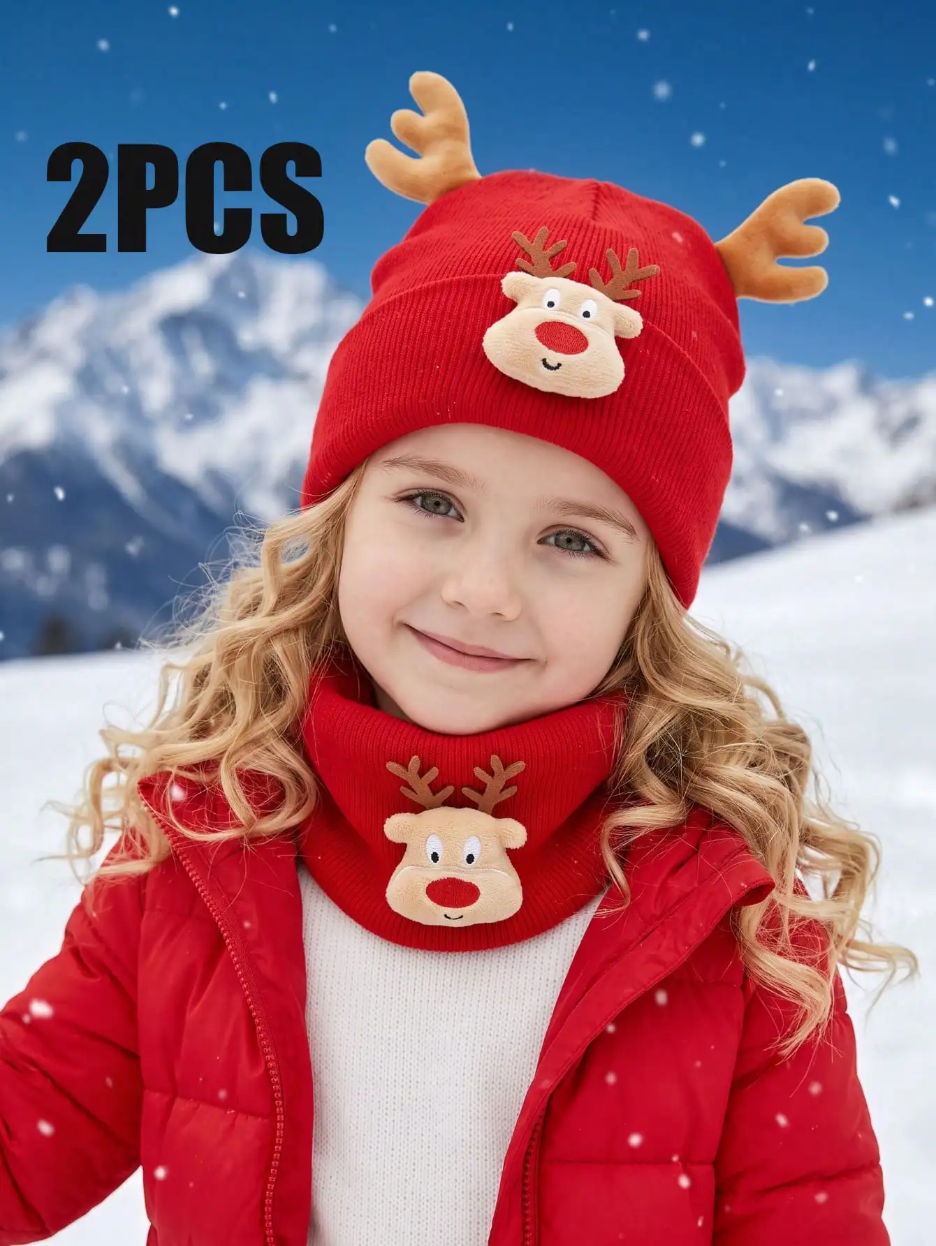 2pcs 2-8Y Cute Girls Kids Red Christmas Knit Hat & Scarf Set, Holiday Pom Pom 2-Piece Kit
