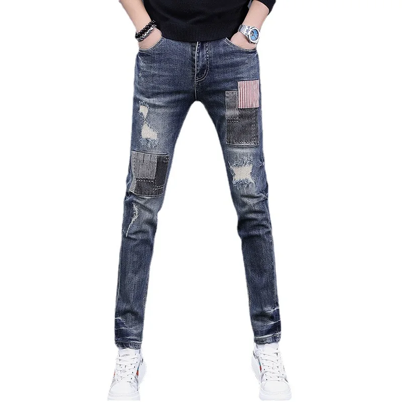 Fashion Ripped Patchwork Jeans Men Casual Blue Slim Fit Straight Pants Streetwear Striped Patch Denim Trousers