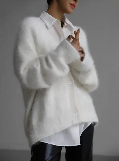 Sweter rozpinany z dzianiny imitującej wełnę norek, luźny i swobodny damski sweter z dekoltem w serek, jednolity kolor, idealny na jesień i zimę.