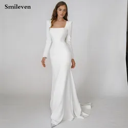 Smileven Soft Satin Mermaid Wedding Dresses Long Sleeve Square Neck Beach Bride Dresses Sexy Open Back Boho Bridal Gowns 2022