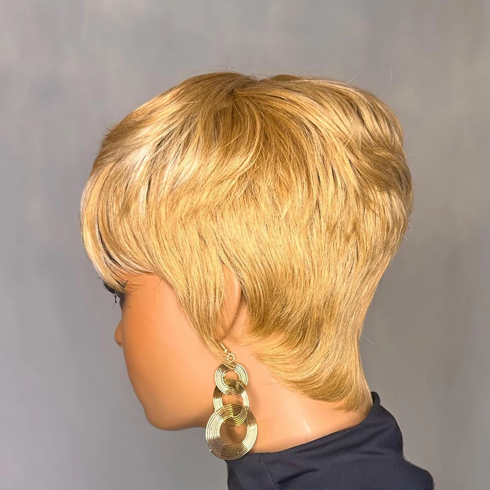 Медовый блондин, короткий парик с стрижкой пикси, многослойные прямые парики из натуральных волос, базильские волосы с предварительно выщипанной челкой для женщин, машинное производство
