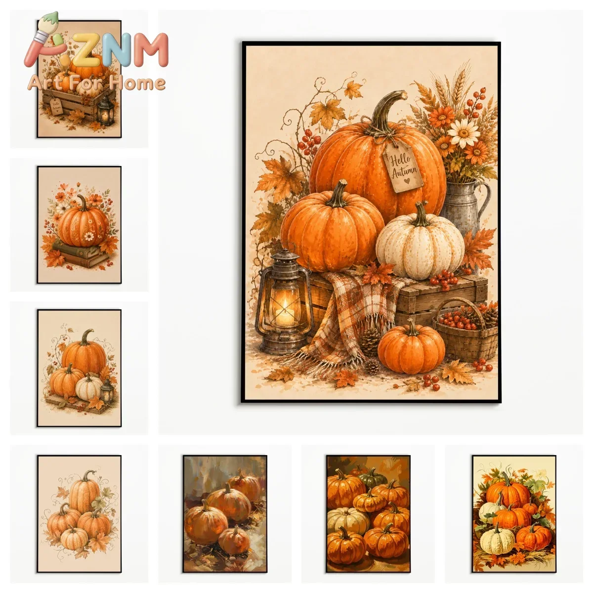 1PC Autumn Harvest Pumpkin Poster Farmhouse Retro Flowers Wall Art Thanksgiving Day Canvas Printing Fall Gift Kitchen Decor