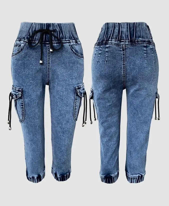 Women's Casual Stylish High Waist Capri Pants Denim Fabric with Cargo Pockets and Drawstring Design Pants