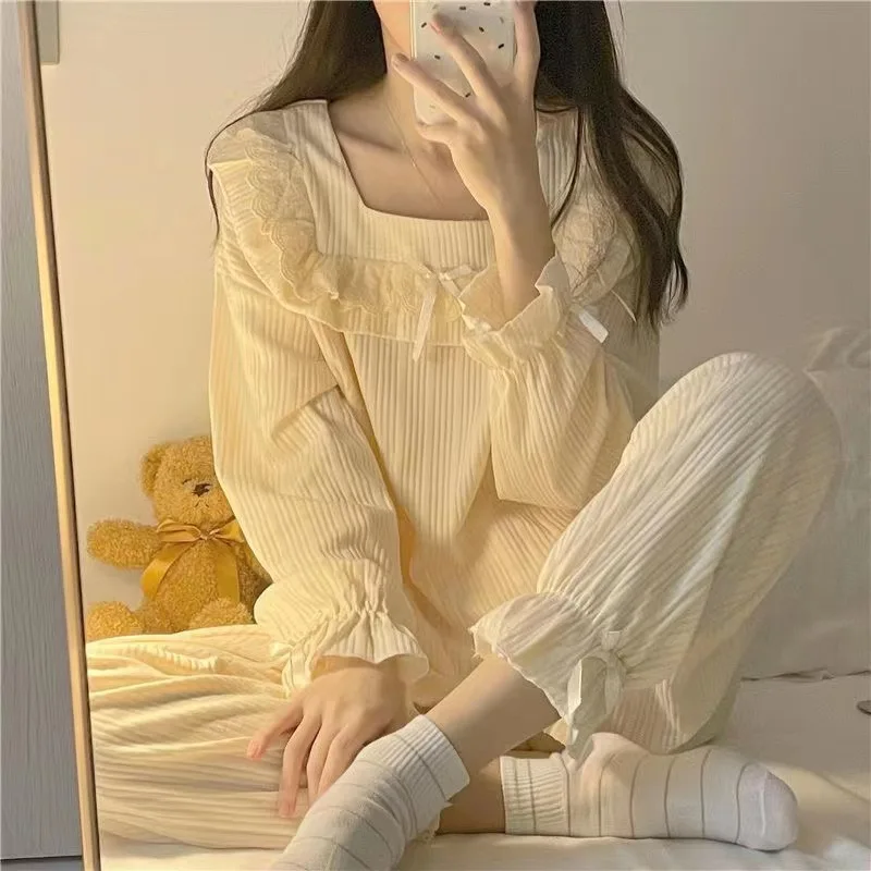 

Spring and Autumn New Women's Pajama Set for Girls and Students Long-Sleeved Winter Trousers Sweet Princess Style Homewear Set