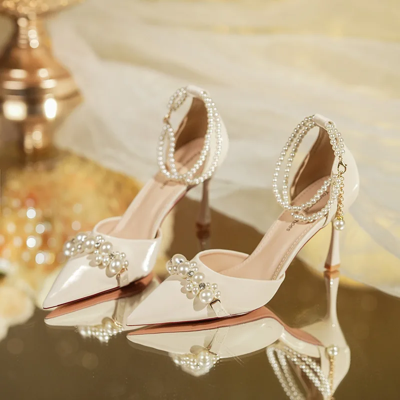 French Temperament Pointed High Heels Summer Socialite Banquet Pearl Fairy with Skirt Lady Bridesmaid