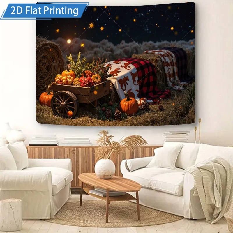 [2D شقة] 1 قطعة 4x16 بوصة علامة معدنية مشهد حصاد الخريف جدار معدني الفن مع القرع القش بالات وديكور السماء الليلية المرصعة بالنجوم