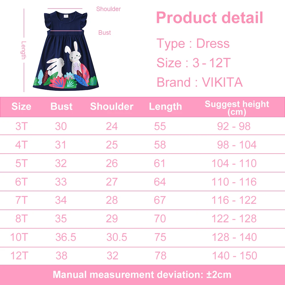 VIKITA Mädchen Marineblau Flare Ärmel Baumwolle Lässiges Sommerkleid Kinder Niedlicher Hase Kaninchen Aufdruck Tägliche Schule Gerade Kleider – Detail 1