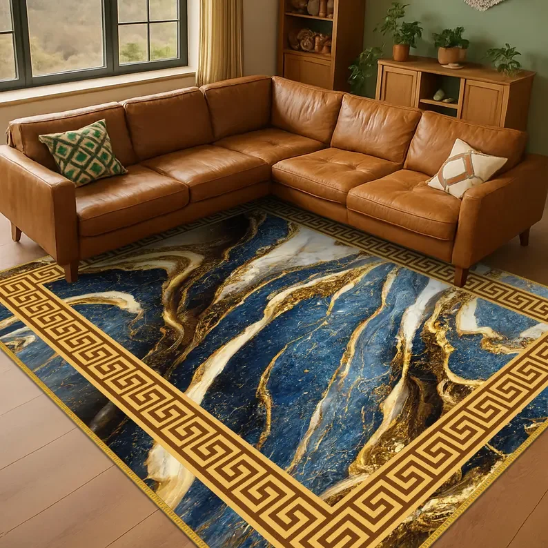 Gold Carpet Blue Gold Marble Pattern Carpet Gold Greek Rug Greek Key Carpet Home Decoration Rugs