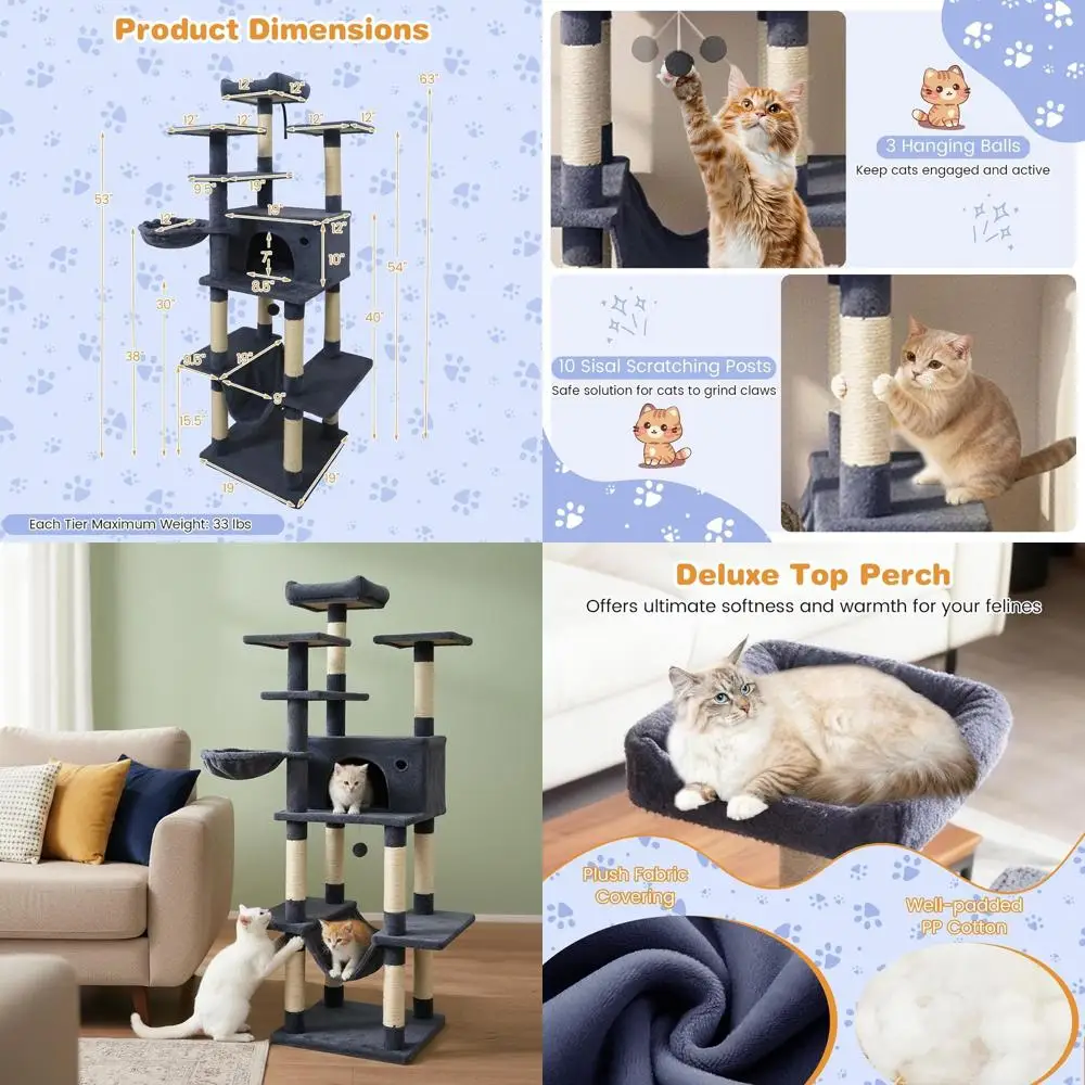 

63 High Large Cat Tower with Sisal Scratchers, Plush Perch, Condo, Hammock, Basket, Balls & Jumping Platforms for Adult Indoor C