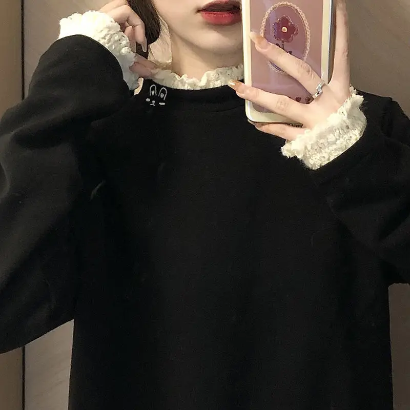 KOSAHIKI Embroidery Fleece Basic T Shirt Long Sleeve Lace Turtleneck Simple T-shirts Women Harajuku Kawaii Funny Student Tshirt