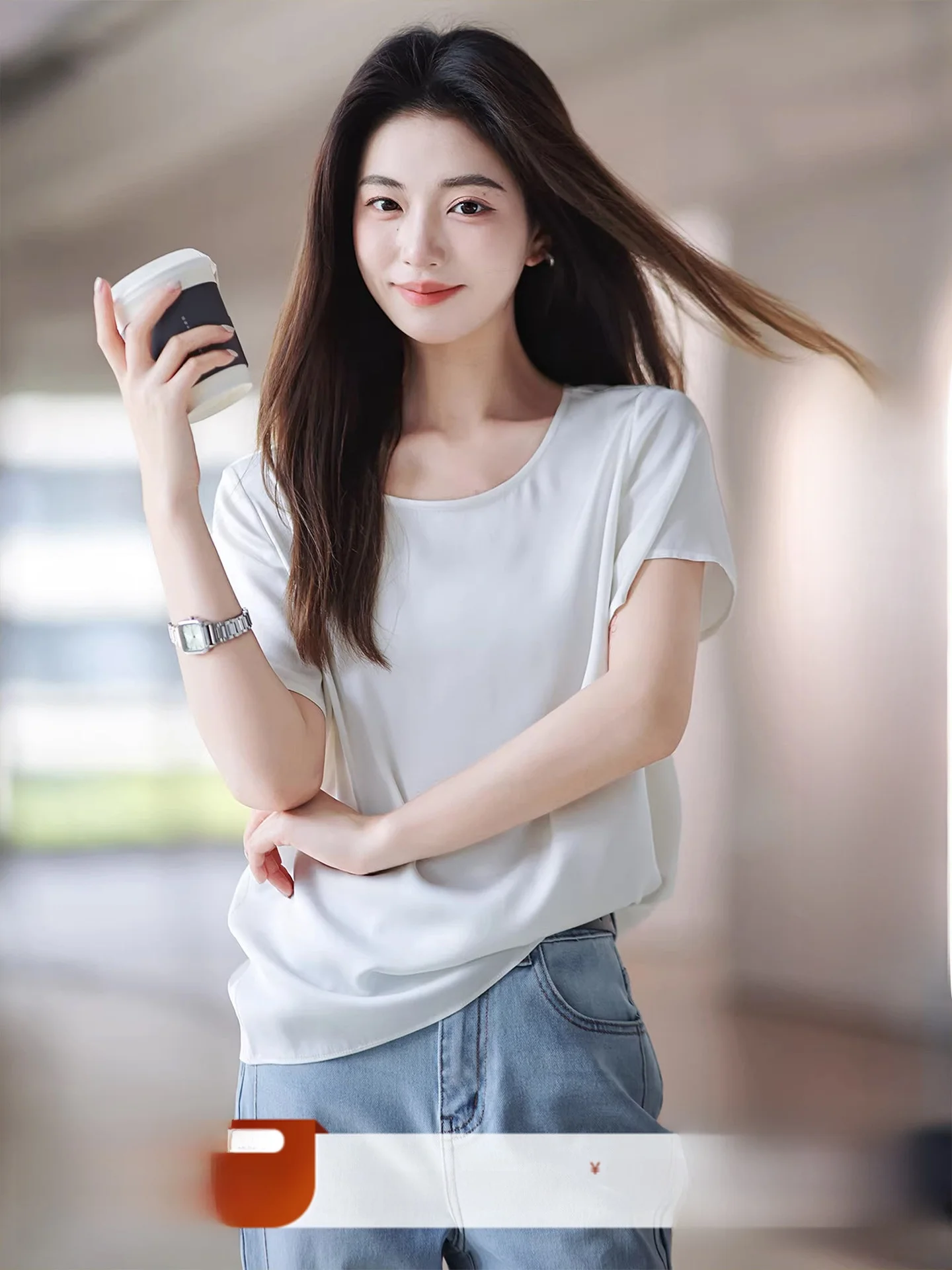 

Cool Silk Short Sleeve T-Shirt round Neck Zhao Daxi Slippery Smooth Silk Women's Fashion Commute Style Regular Fit Spring Season