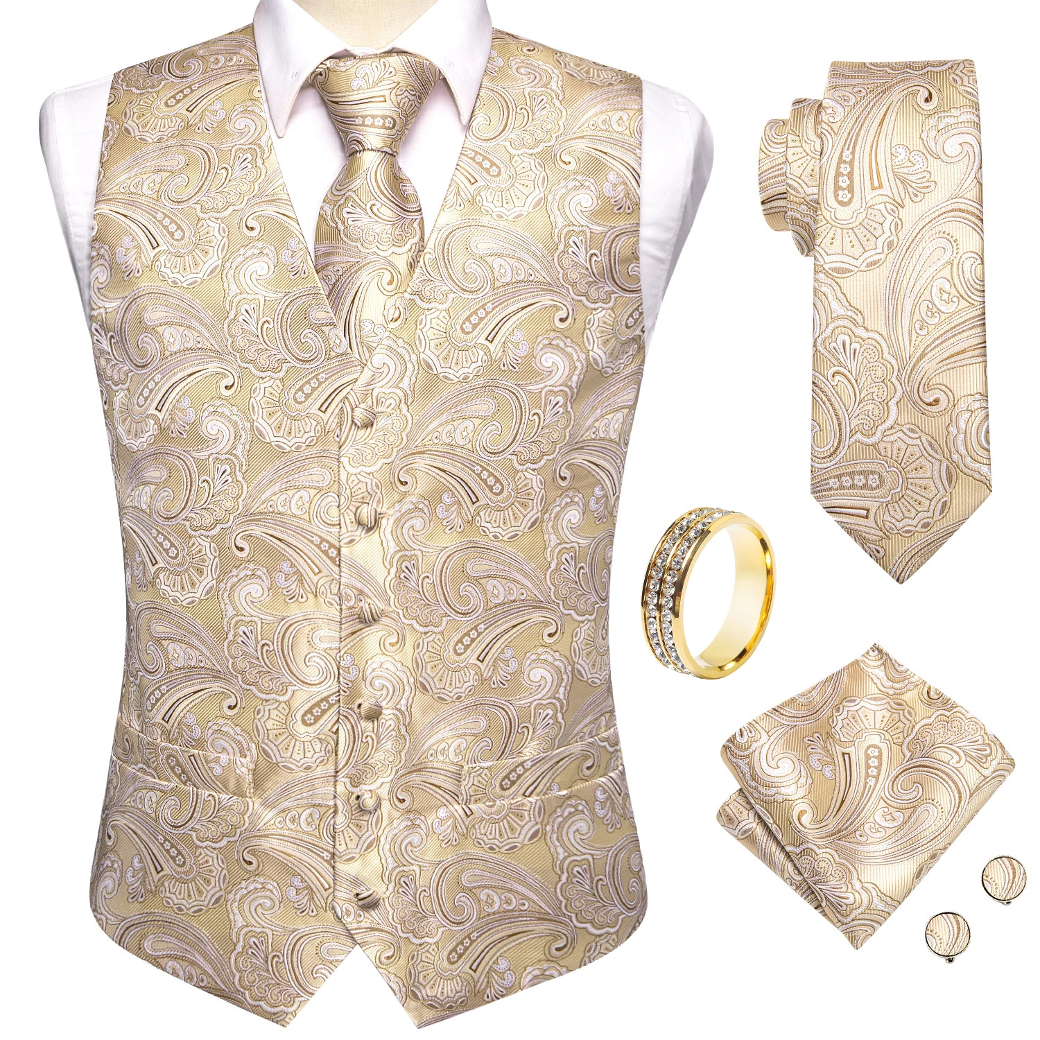 Light Gold Paisley V-Neck Vest 5Pcs Set Tie Pocket Square Cufflinks Ring For Romantic Wedding Reception