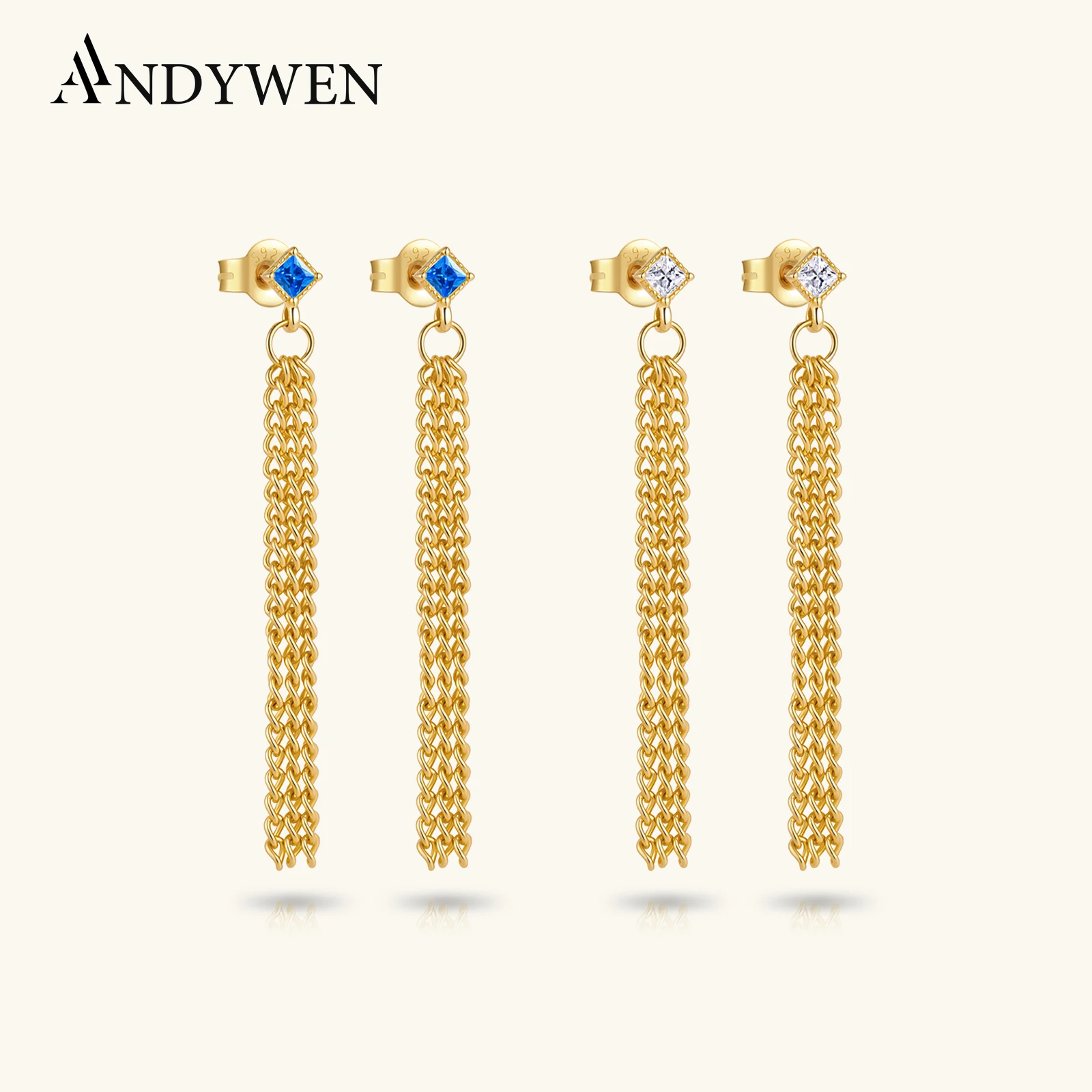 

ANDYWEN 925 Sterling Silver Rhombus Blue Zircon CZ Long Tassel Drop Earring 2026 Luxury Women Jewelry Birthday/Anniversary Gift