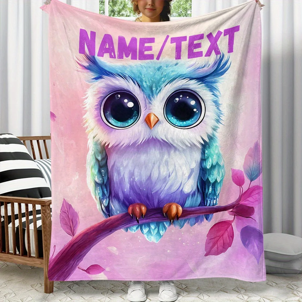 1pc Customizable Cute Owl Printed Flannel Blanket Soft Lightweight All-Season Glam Style Throw for Sofa Bed Travel Camping