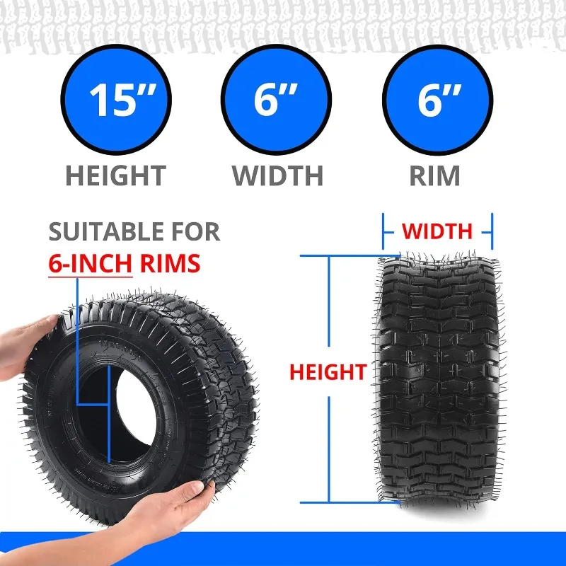 15x6.00-6 Lawn Mower Tire (2 Tires + 3 Tubes) - 4-Ply Replacement Tires and Tubes, Heavy Duty