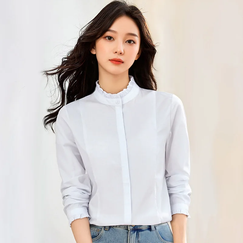 New Spring Autumn Casual Women'S Long Sleeved Commuting Easy Shirt Fashionable And Versatile Stand Up Collar Chiffon Top Female