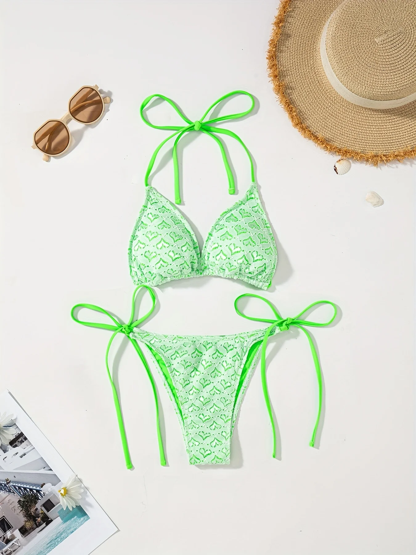 

2026 New Women's Green Heart Lace Bikini Set Sexy Tie Side Triangle Swimsuit Two Piece Bathing Suit