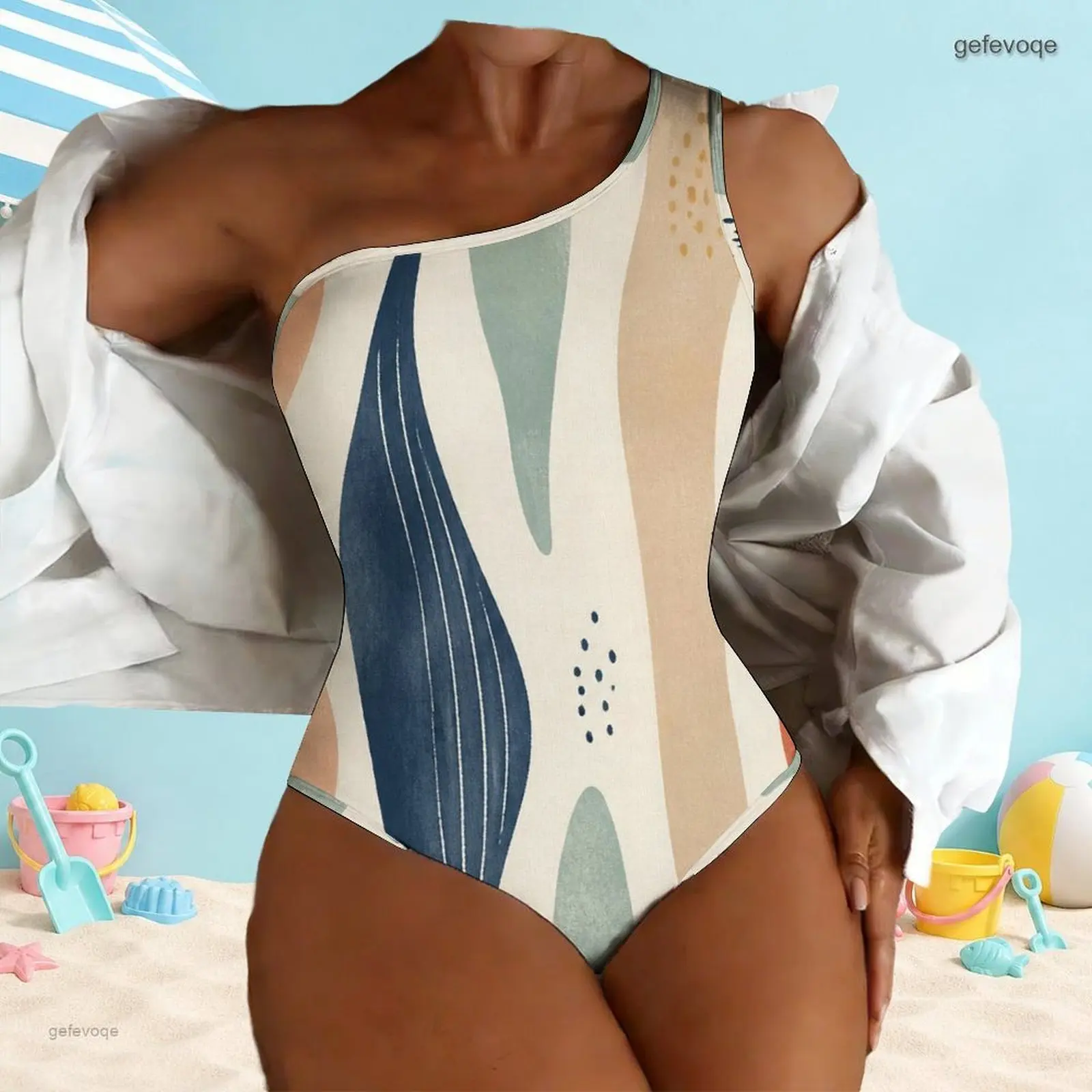Women Swimsuit with Print One Shoulder One Piece Asymmetric Neck