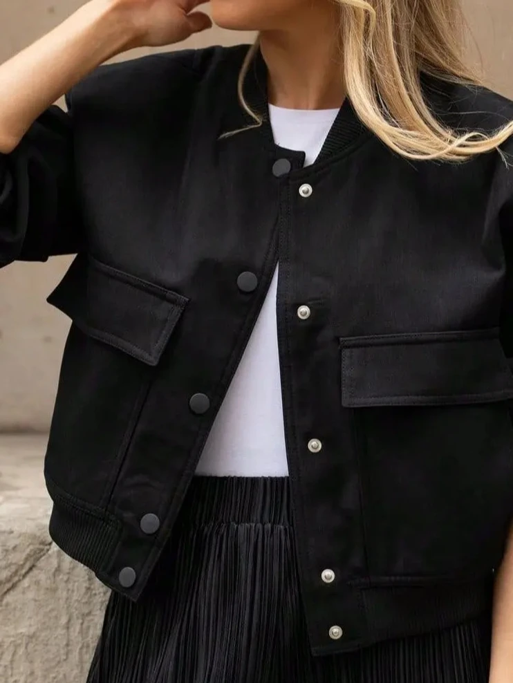 

2025 Spring Autumn Women's Jacket Coat | Stand Collar Loose Fit Long Sleeve with Large Pockets | Fashionable Streetwear