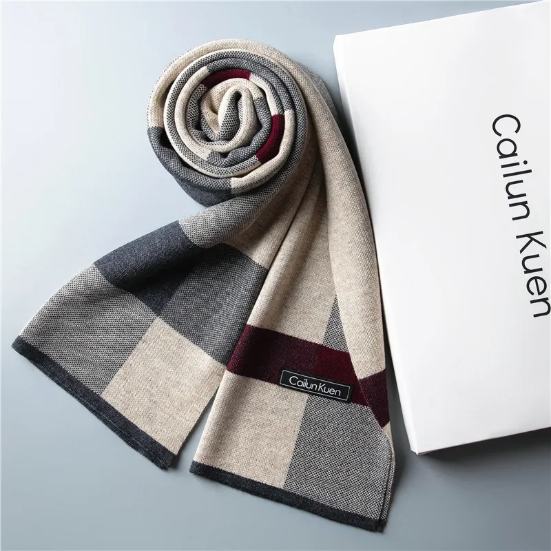 Fashion Classic Business Scarf Men Wool Blend Scarf Warm Thermal Muffler Casual Cashmere Knitted Shawl Male Autumn Winter No Box