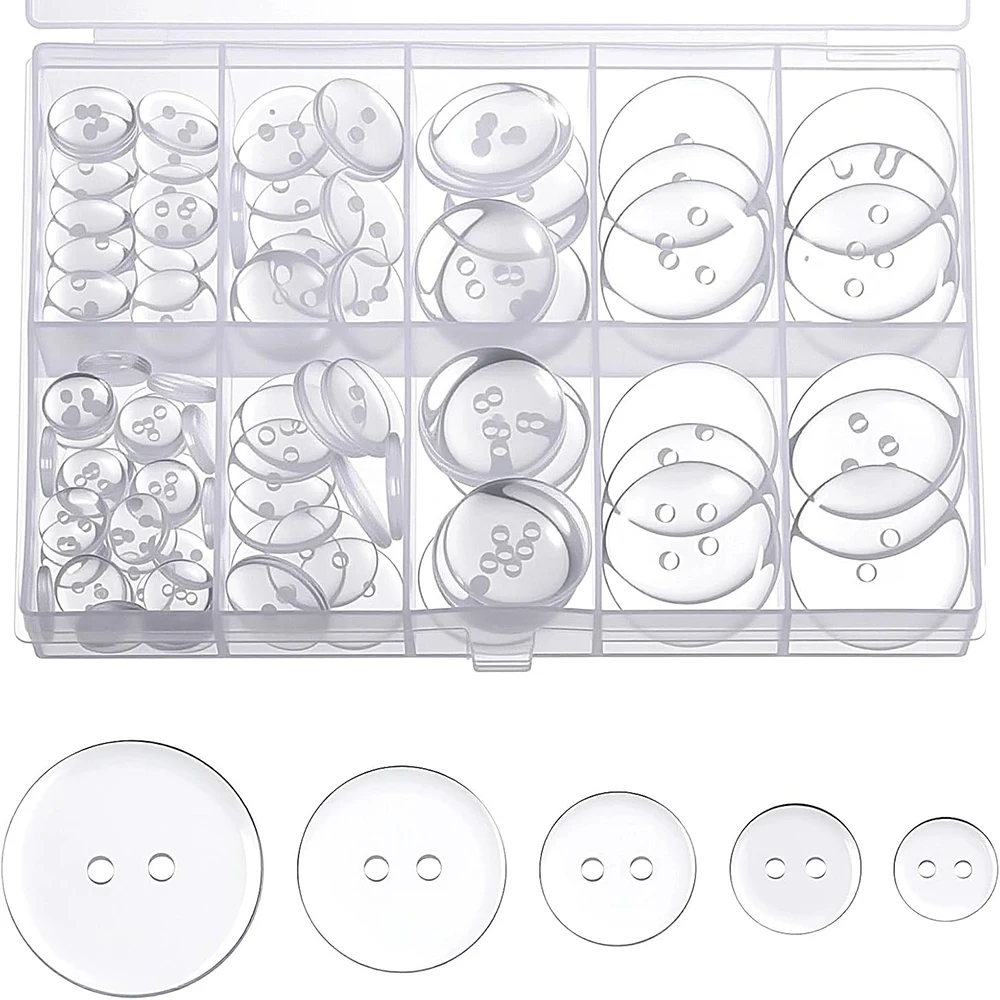 

100 Pcs Clear Buttons, Buttons 2 Hole 5 Sizes of Round Mixed Button Round Plastic Button for Coats Dress Skirt DIY Crafts