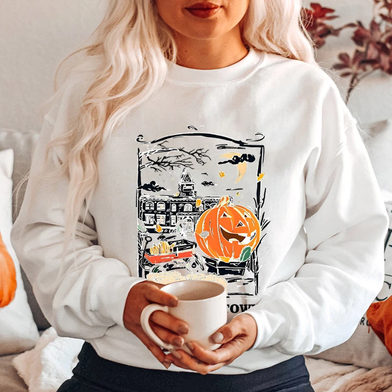 Moda Halloween Pumpkin Print Pullover For Women Autumn Winter Casual O Neck Hoodless Sweatshirt Plus Size Pure Color Pullover