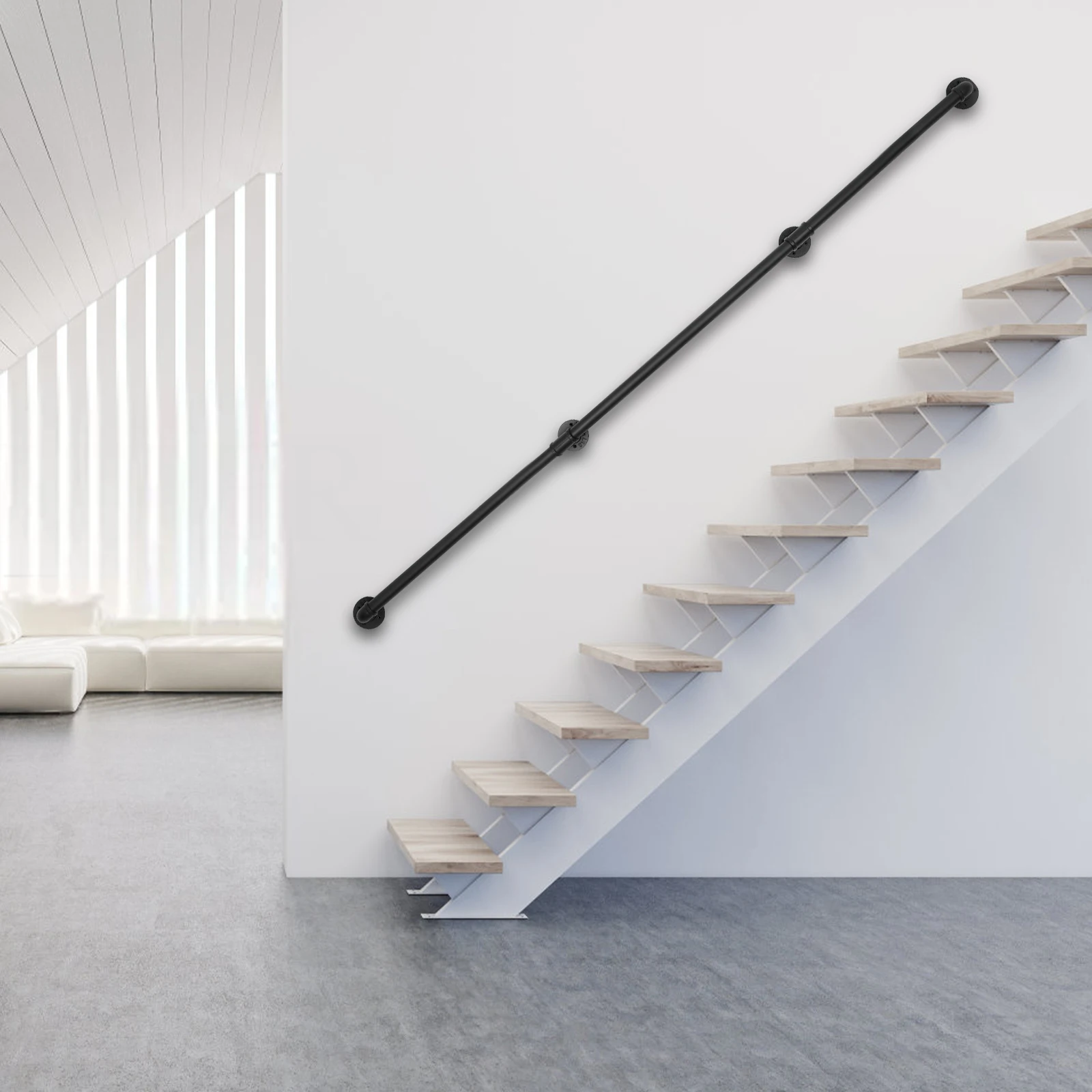 8FT/244cm Handrail For Steps Stair Railing Hand Rail Kit Wall-mounted For Indoor Home Pipe Stair Handrail Staircase Black