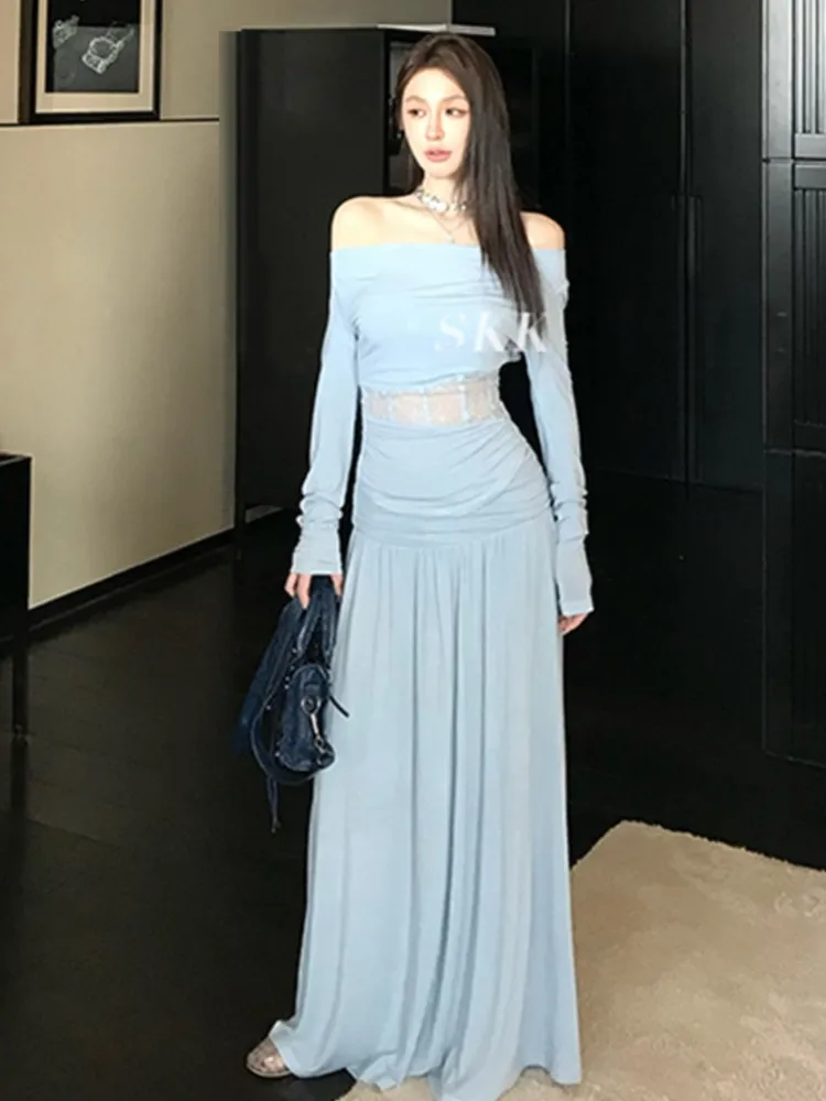 Conjunto de faldas elegantes de 2 piezas para mujer, trajes de fiesta a la moda, encaje ahuecado, Top ajustado de manga larga, falda acampanada, ropa de otoño Y2k