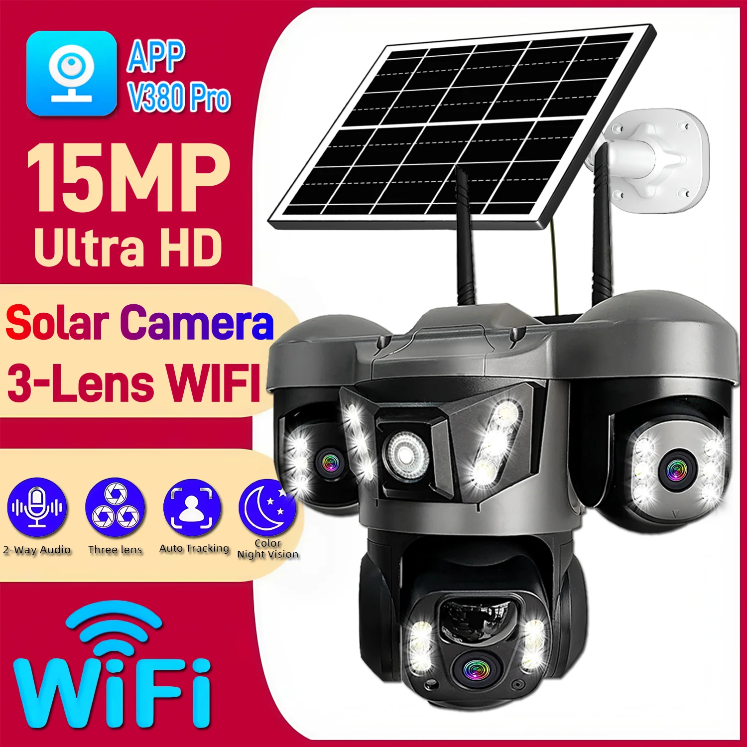 

V380 Pro Solar WiFi Camera 15MP Triple Lens Triple Screen 10x Zoom Outdoor Waterproof Battery Surveillan PIR Human Detection Cam