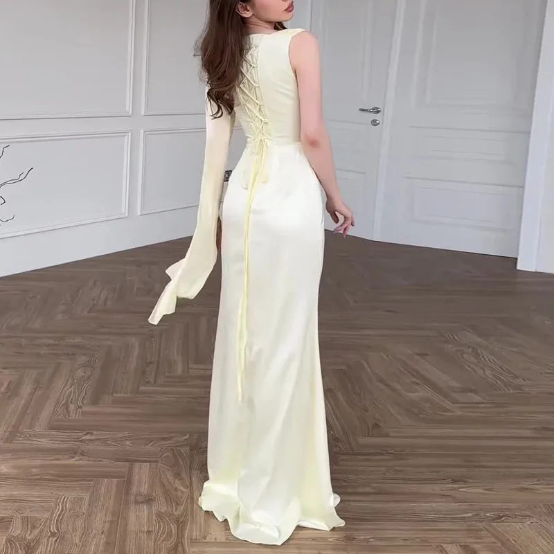 خريف واحد الكتف كم طويل فساتين السهرة الفاخرة تقسم السلس الساتان سليم فستان طويل امرأة الدانتيل متابعة حورية البحر ماكسي فساتين