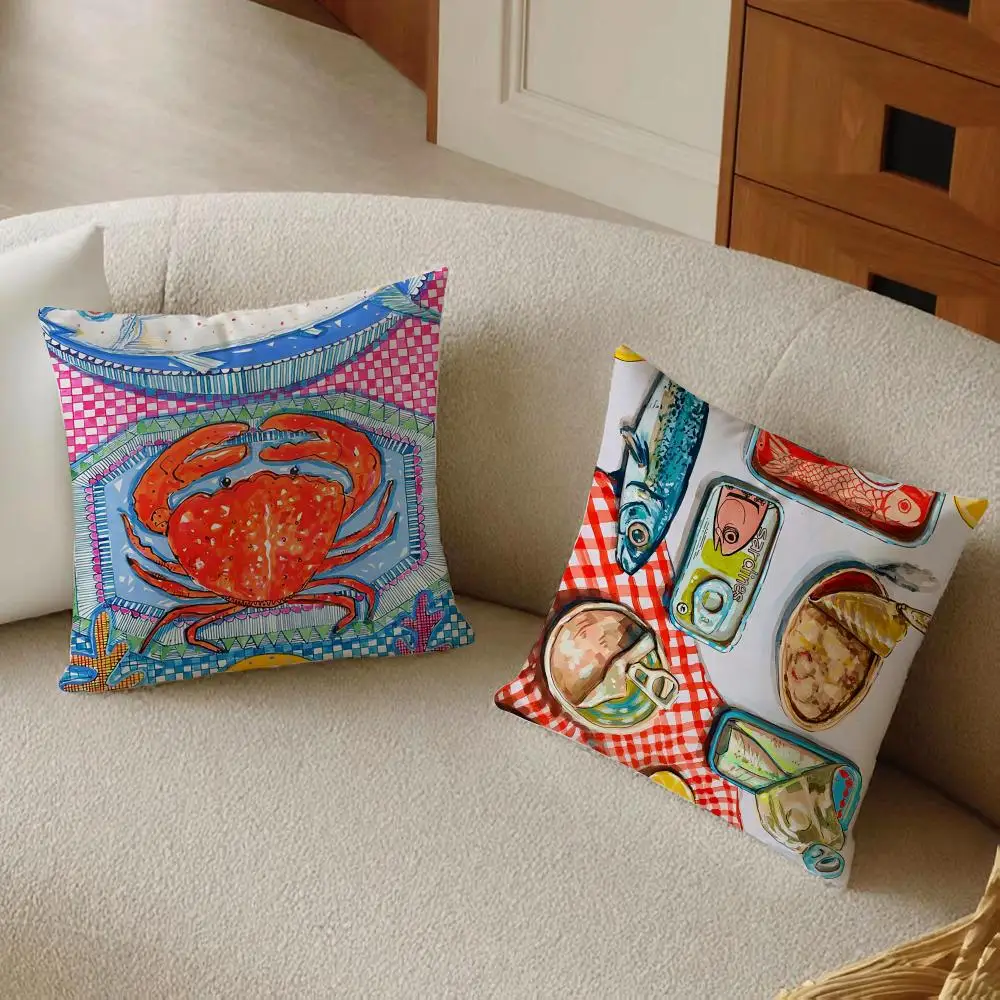 Fresh Vibrant Sardine Lobster Fish Ocean Cushion Cover Sofa Home Decor Living Room Accessory Holiday House Cushion Shell