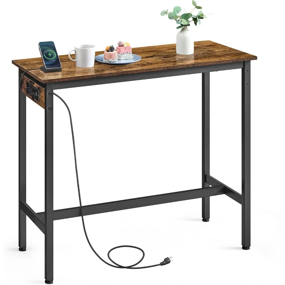 Bar Table, Narrow Long Kitchen Dining Table with Charging Station, Sturdy Metal Frame, Industrial, 15.7 x 39.4 x 35.4 Inches, R