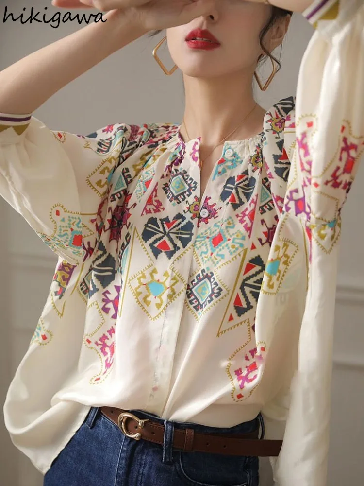 Vintage Blouses Women Clothing Indie Folk 2024 Blusas Mujer De Moda V-neck Print Loose Shirts Chic Summer Korean Blouse Tops